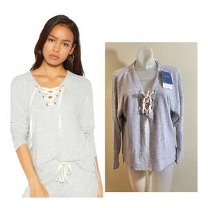 Rohb by Joyce Azria Size XS Loungewear Tie-Up Top Sweater Rayon Soft Gray NEW